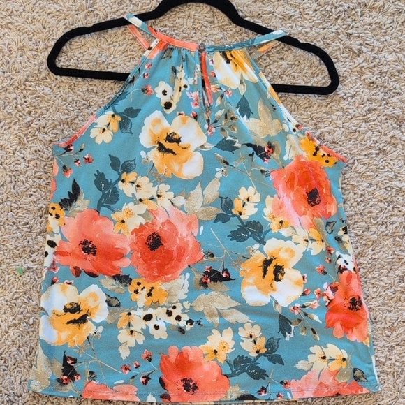 Papermoon Floral Halter Tank Top - Red and Orange on Teal - Picture 3 of 5
